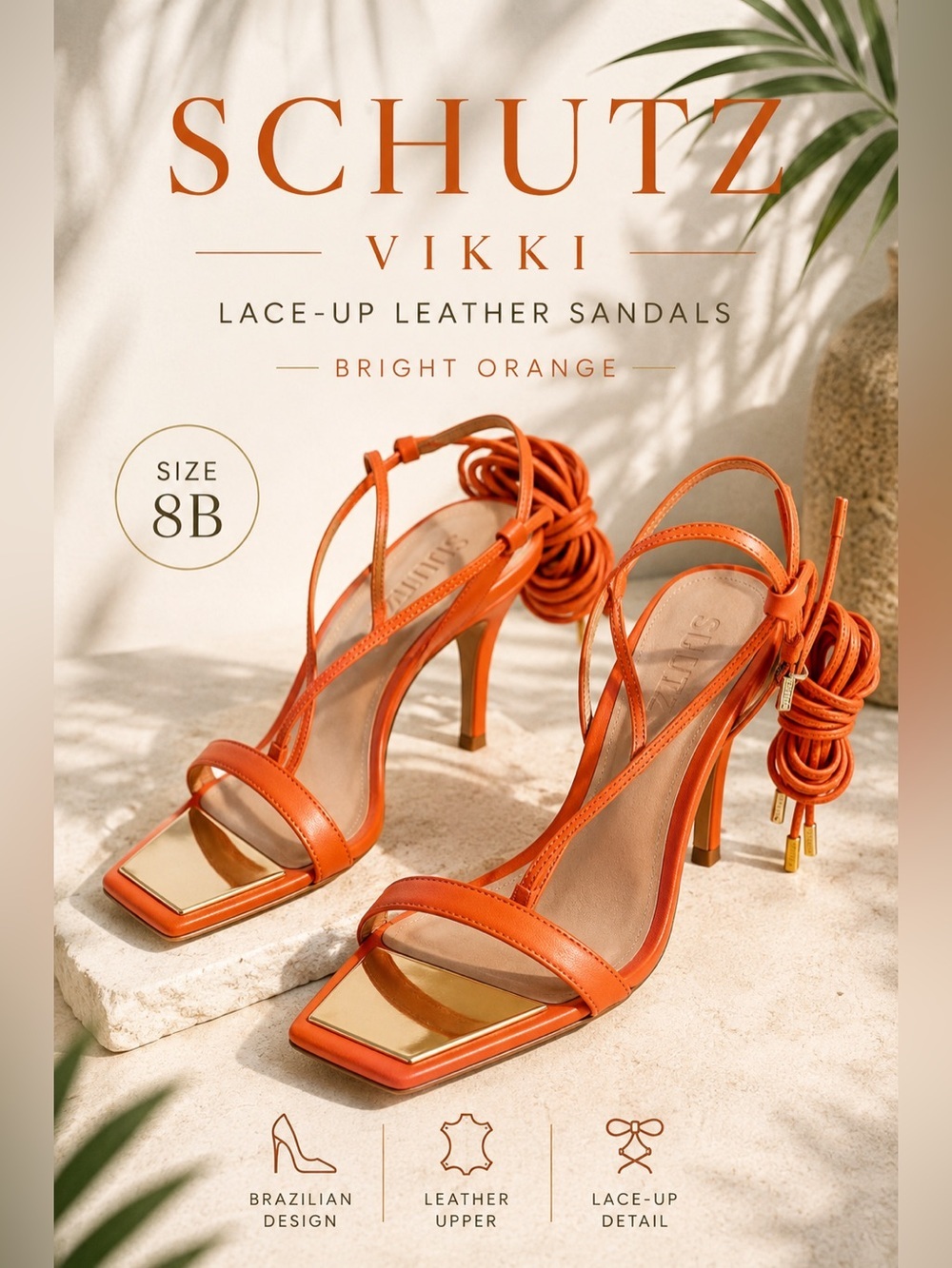 Schutz Vikki Leather Lace-Up Square Toe Sandals Bright Orange Size 8